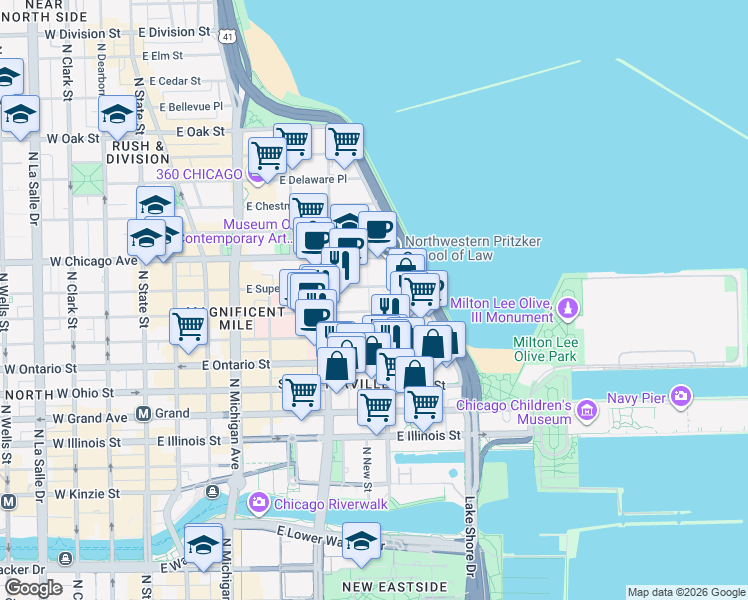 map of restaurants, bars, coffee shops, grocery stores, and more near 300 East Huron Street in Chicago