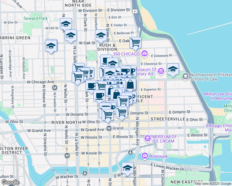 map of restaurants, bars, coffee shops, grocery stores, and more near in Chicago