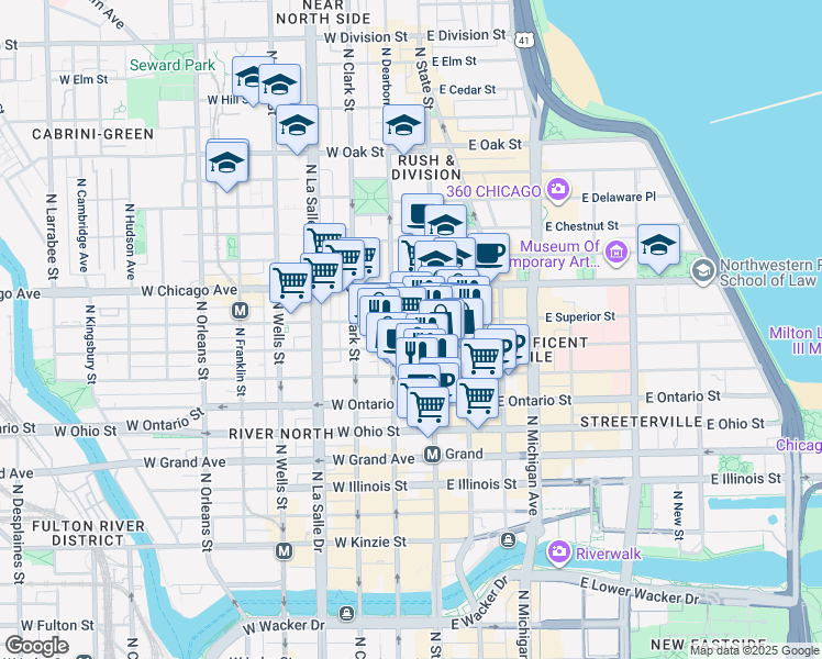 map of restaurants, bars, coffee shops, grocery stores, and more near 700 North State Street in Chicago