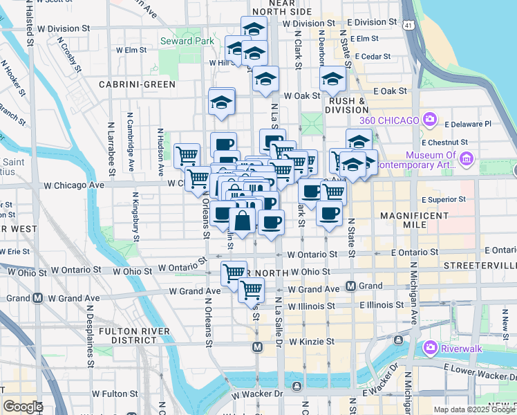 map of restaurants, bars, coffee shops, grocery stores, and more near 702 North Wells Street in Chicago