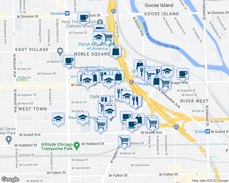 map of restaurants, bars, coffee shops, grocery stores, and more near 721 North Throop Street in Chicago