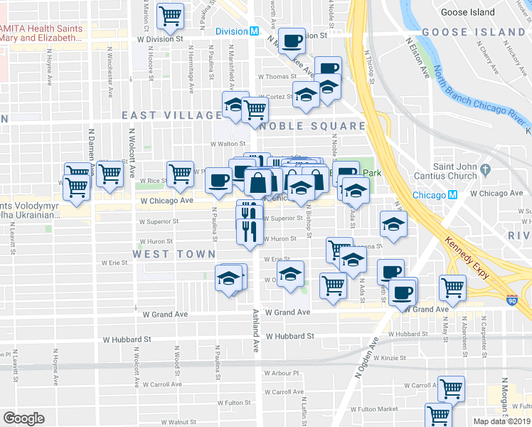 map of restaurants, bars, coffee shops, grocery stores, and more near in Chicago
