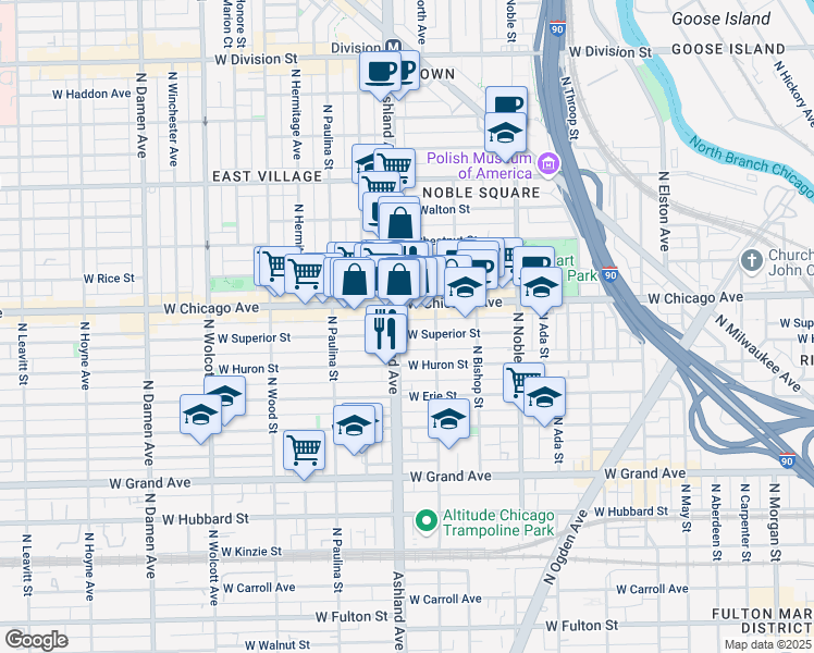 map of restaurants, bars, coffee shops, grocery stores, and more near in Chicago