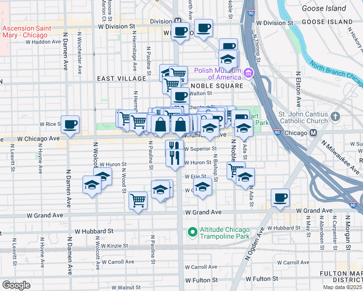 map of restaurants, bars, coffee shops, grocery stores, and more near in Chicago