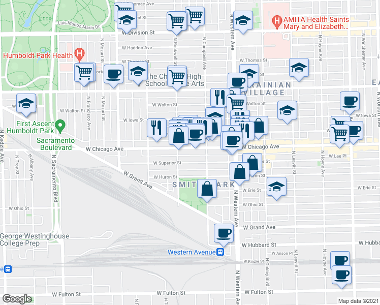 map of restaurants, bars, coffee shops, grocery stores, and more near 2514 West Superior Street in Chicago