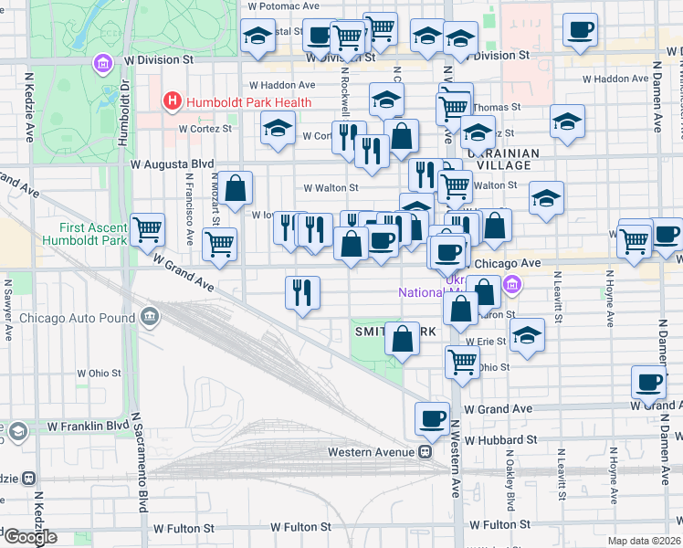 map of restaurants, bars, coffee shops, grocery stores, and more near 2556 West Superior Street in Chicago