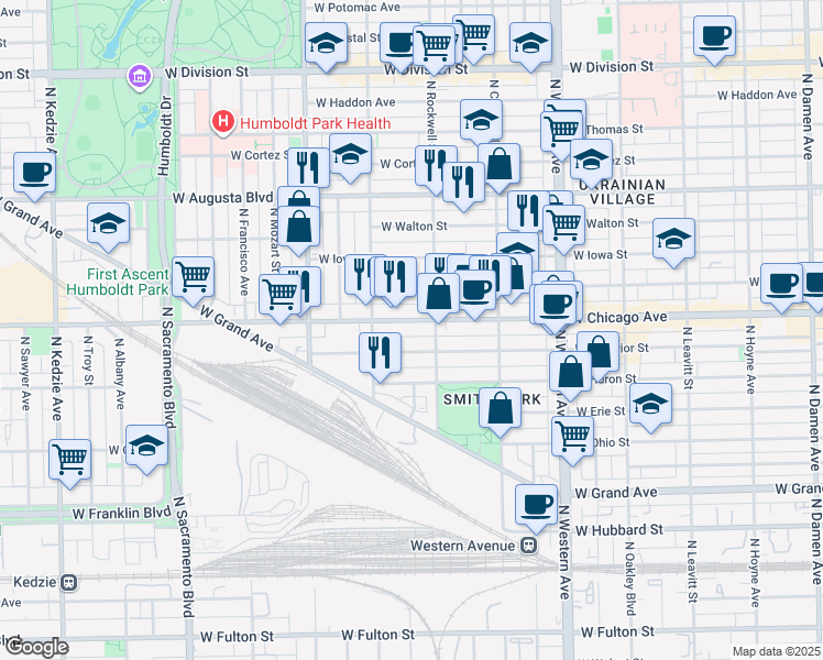 map of restaurants, bars, coffee shops, grocery stores, and more near 2630 West Superior Street in Chicago