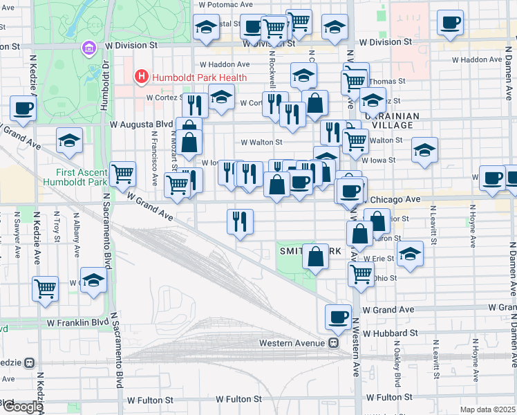 map of restaurants, bars, coffee shops, grocery stores, and more near 2630 West Superior Street in Chicago