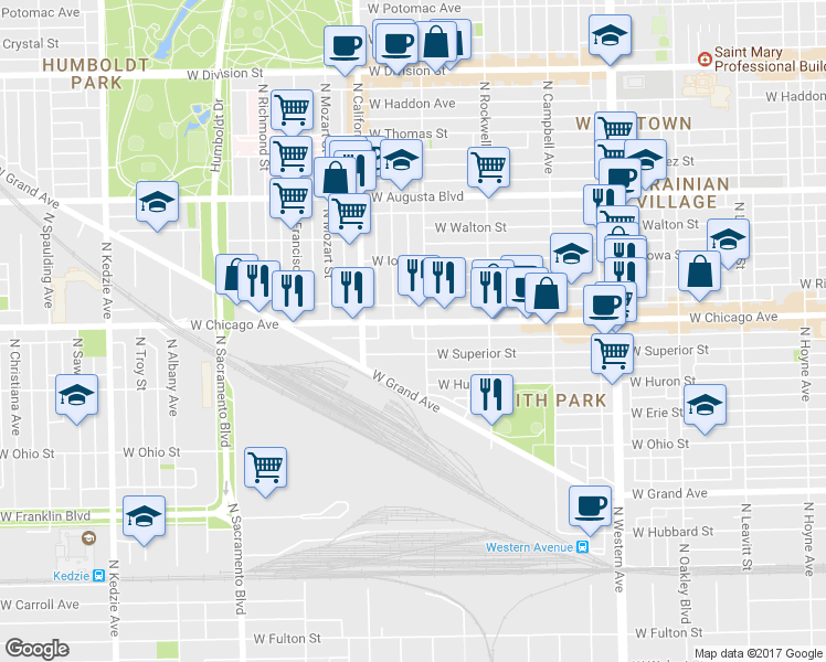 map of restaurants, bars, coffee shops, grocery stores, and more near 2700 West Superior Street in Chicago