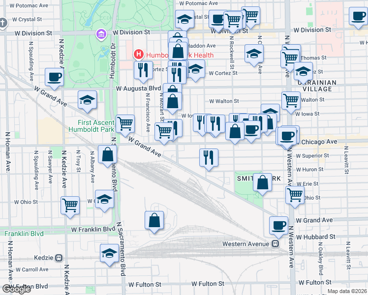 map of restaurants, bars, coffee shops, grocery stores, and more near 2756 West Superior Street in Chicago