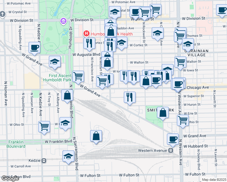 map of restaurants, bars, coffee shops, grocery stores, and more near 2756 West Superior Street in Chicago