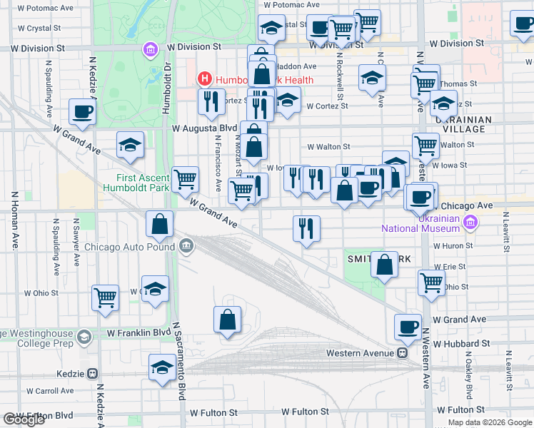 map of restaurants, bars, coffee shops, grocery stores, and more near 2756 West Superior Street in Chicago