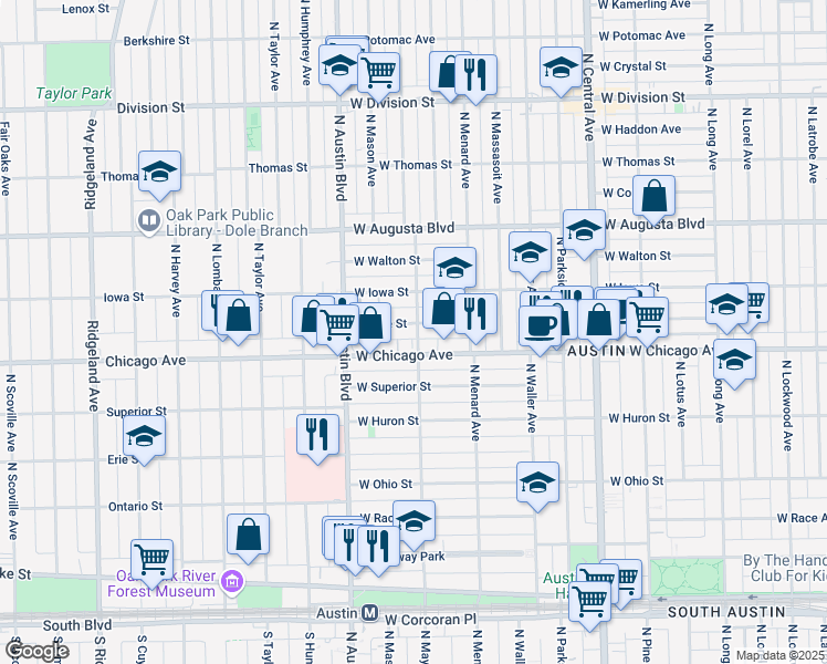 map of restaurants, bars, coffee shops, grocery stores, and more near 5900 West Chicago Avenue in Chicago