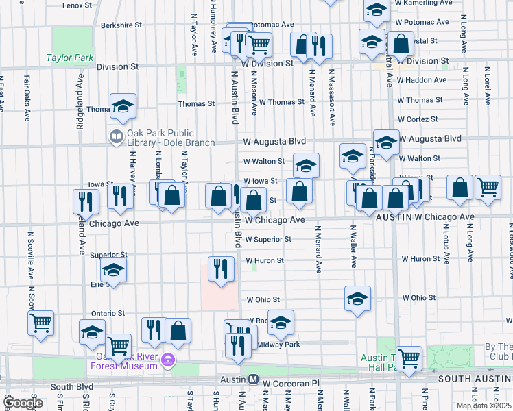 map of restaurants, bars, coffee shops, grocery stores, and more near 5940 West Chicago Avenue in Chicago