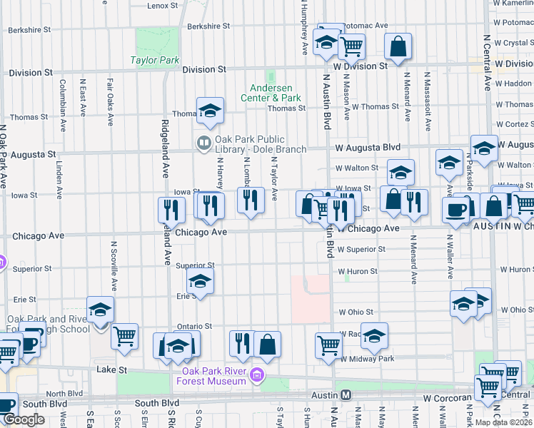 map of restaurants, bars, coffee shops, grocery stores, and more near 495 North Taylor Avenue in Oak Park