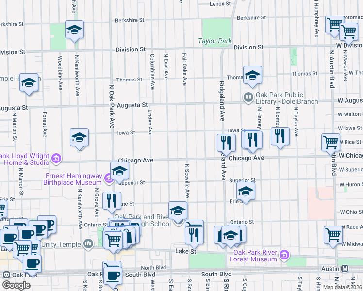 map of restaurants, bars, coffee shops, grocery stores, and more near 518 North East Avenue in Oak Park