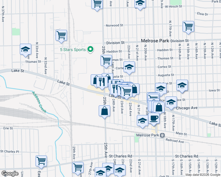 map of restaurants, bars, coffee shops, grocery stores, and more near 903 North 24th Avenue in Melrose Park