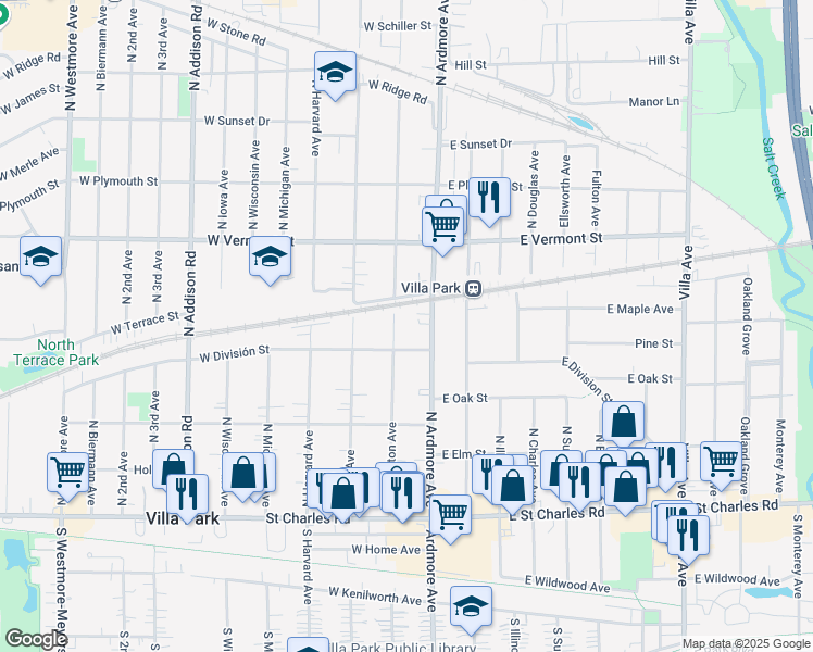 map of restaurants, bars, coffee shops, grocery stores, and more near 308 North Ardmore Avenue in Villa Park