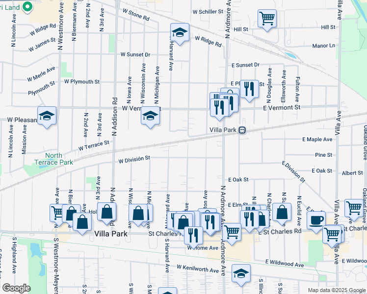 map of restaurants, bars, coffee shops, grocery stores, and more near 124 West División Street in Villa Park