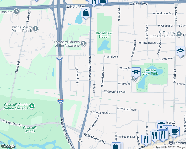 map of restaurants, bars, coffee shops, grocery stores, and more near 528-32 West Meadow Avenue in Lombard
