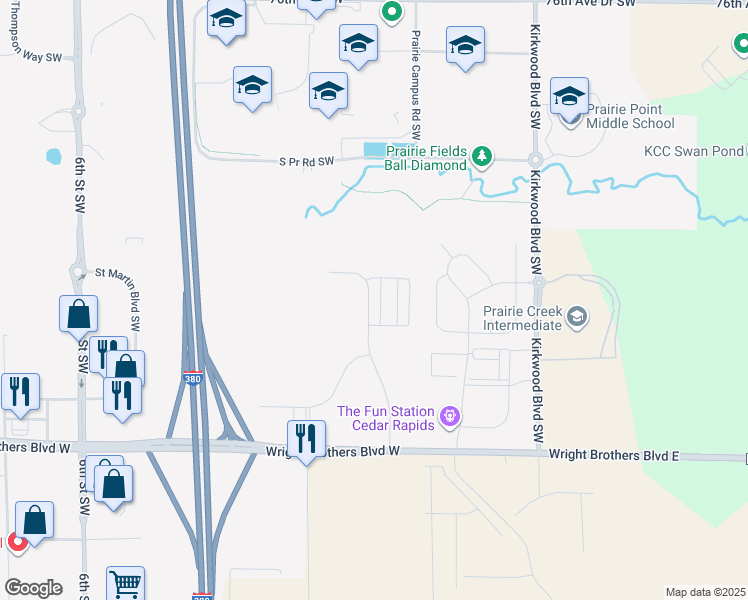 map of restaurants, bars, coffee shops, grocery stores, and more near 8710 Earhart Lane Southwest in Cedar Rapids