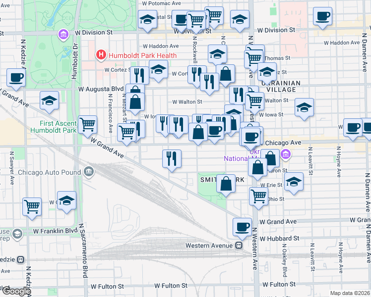 map of restaurants, bars, coffee shops, grocery stores, and more near 2630 West Superior Street in Chicago