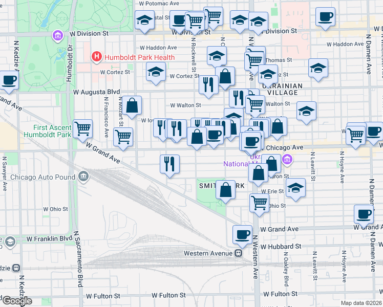 map of restaurants, bars, coffee shops, grocery stores, and more near 2556 West Superior Street in Chicago