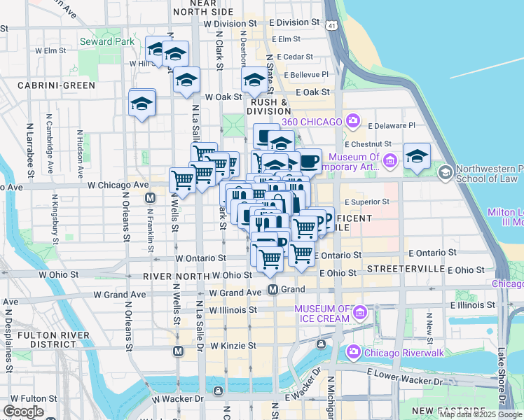 map of restaurants, bars, coffee shops, grocery stores, and more near 1 West Superior Street in Chicago