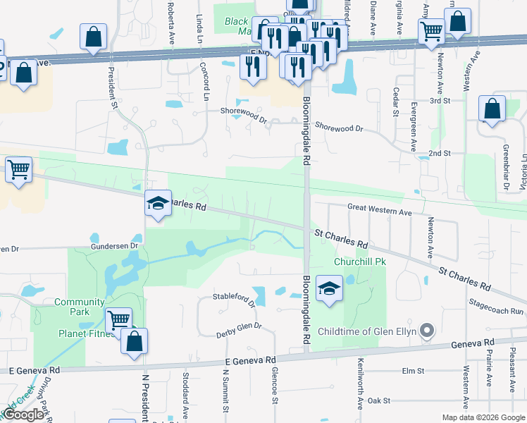 map of restaurants, bars, coffee shops, grocery stores, and more near 1N360 Chapel Hill Court in Carol Stream