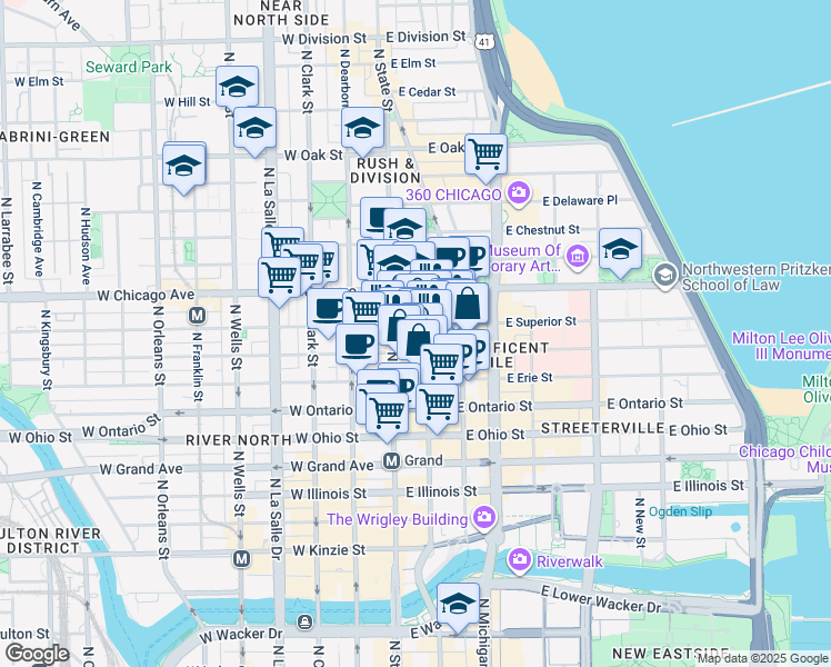 map of restaurants, bars, coffee shops, grocery stores, and more near 25 East Superior Street in Chicago