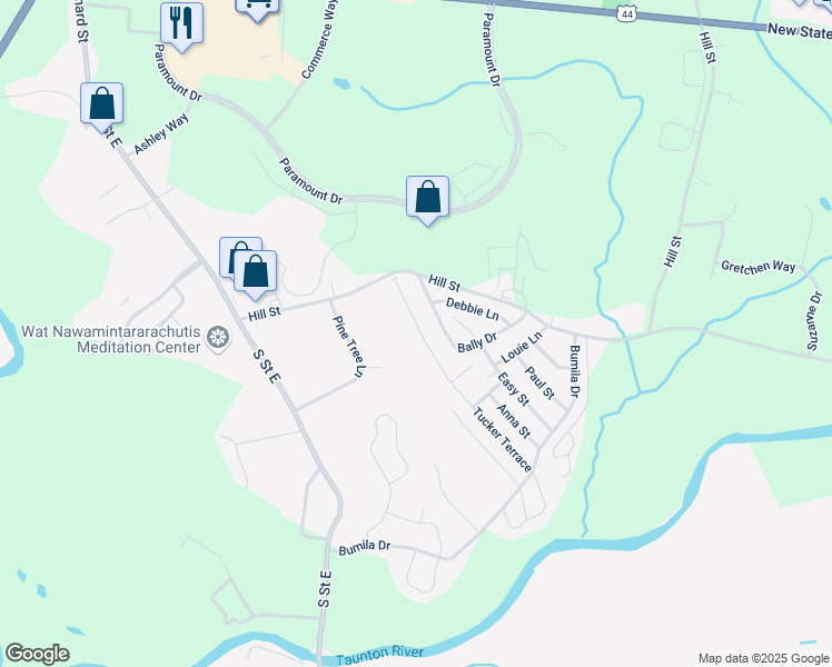 map of restaurants, bars, coffee shops, grocery stores, and more near 38 Tucker Terrace in Raynham