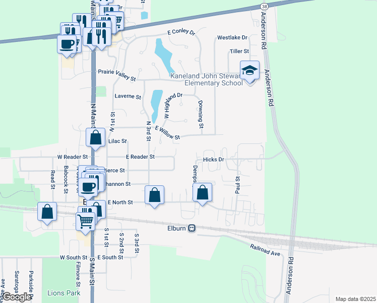 map of restaurants, bars, coffee shops, grocery stores, and more near 320 Dempsey Street in Elburn