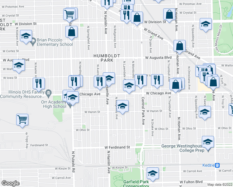 map of restaurants, bars, coffee shops, grocery stores, and more near W Chicago Ave & N Ridgeway Ave in Chicago