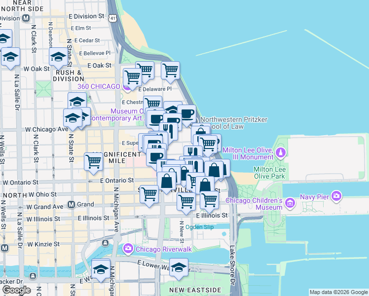 map of restaurants, bars, coffee shops, grocery stores, and more near 345 East Superior Street in Chicago