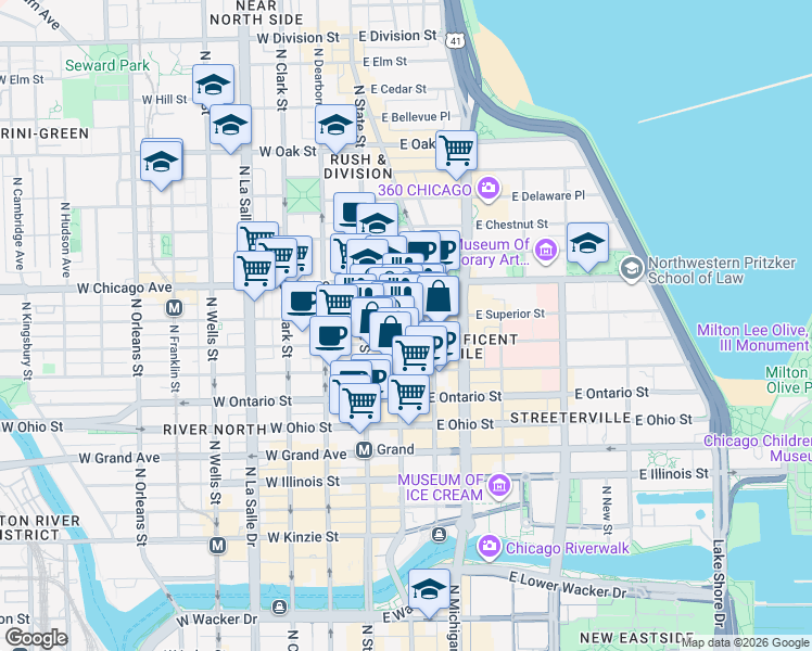 map of restaurants, bars, coffee shops, grocery stores, and more near in Chicago