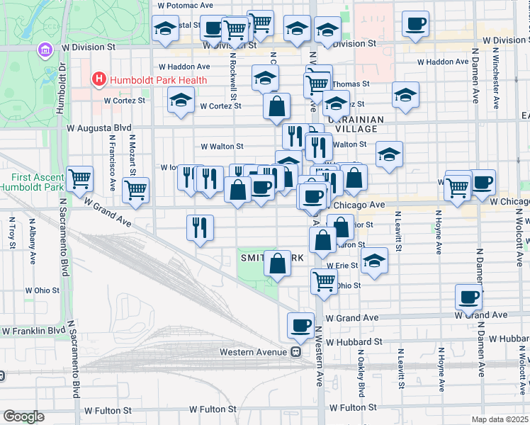 map of restaurants, bars, coffee shops, grocery stores, and more near 2515 West Chicago Avenue in Chicago