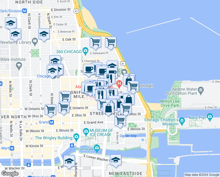 map of restaurants, bars, coffee shops, grocery stores, and more near 303 East Superior Street in Chicago