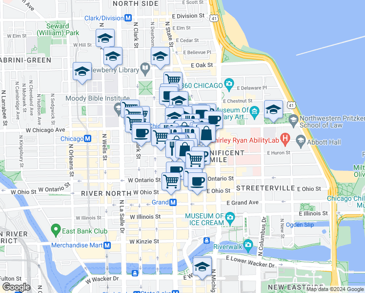 map of restaurants, bars, coffee shops, grocery stores, and more near 711 North Wabash Avenue in Chicago