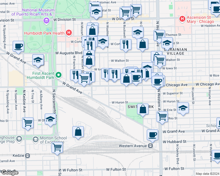 map of restaurants, bars, coffee shops, grocery stores, and more near 2659 West Chicago Avenue in Chicago