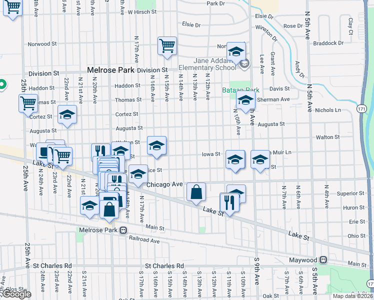 map of restaurants, bars, coffee shops, grocery stores, and more near 815 North 14th Avenue in Melrose Park