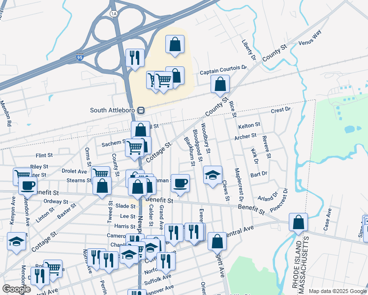 map of restaurants, bars, coffee shops, grocery stores, and more near 14 Elmcrest Drive in Pawtucket