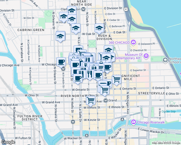 map of restaurants, bars, coffee shops, grocery stores, and more near 665 North Clark Street in Chicago