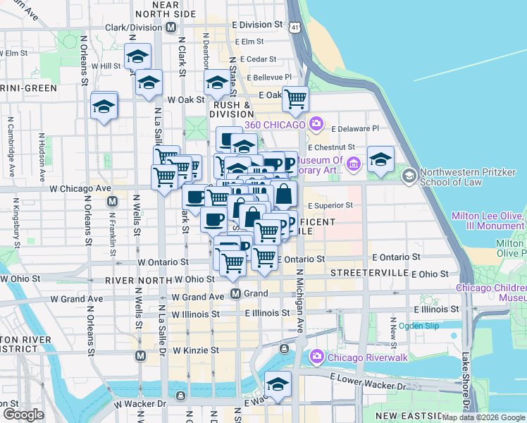 map of restaurants, bars, coffee shops, grocery stores, and more near 30 East Huron Street in Chicago