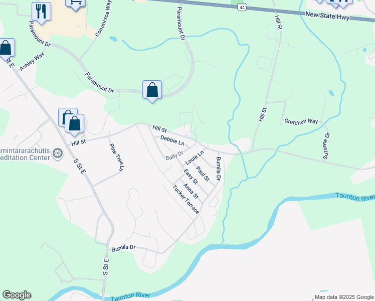 map of restaurants, bars, coffee shops, grocery stores, and more near 39 Easy Street in Raynham