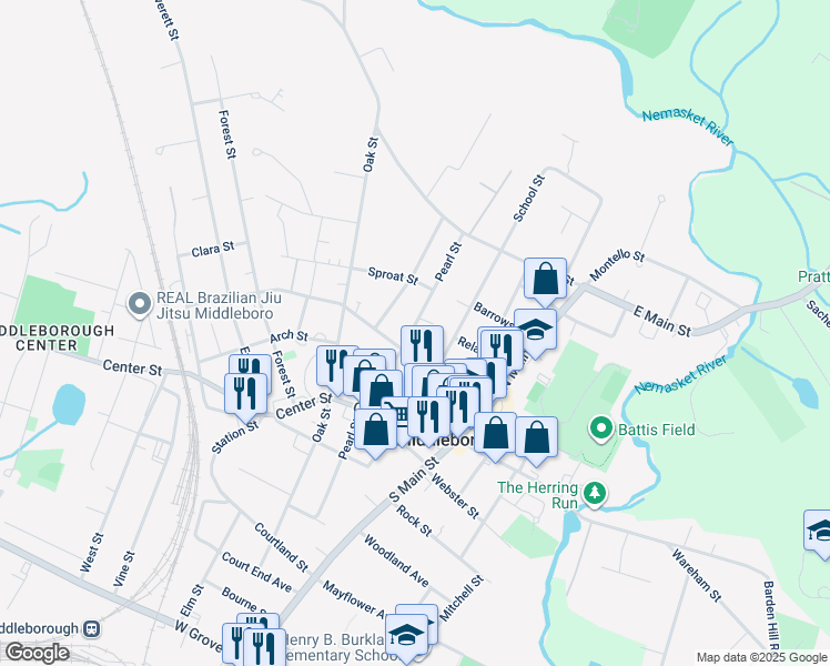 map of restaurants, bars, coffee shops, grocery stores, and more near 100 Peirce Street in Middleborough