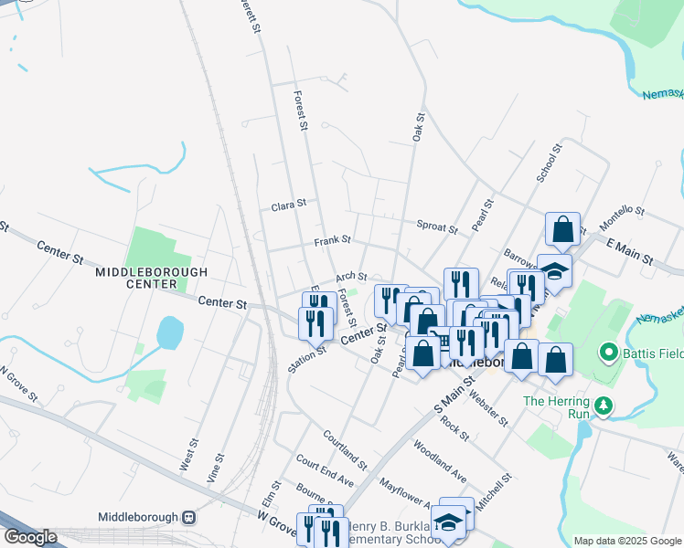 map of restaurants, bars, coffee shops, grocery stores, and more near 13 Forest Street in Middleborough
