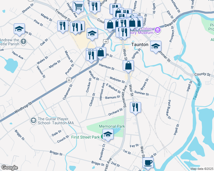 map of restaurants, bars, coffee shops, grocery stores, and more near 19 Barnum Place in Taunton