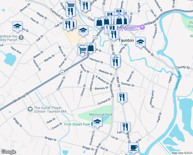 map of restaurants, bars, coffee shops, grocery stores, and more near 19 Barnum Place in Taunton