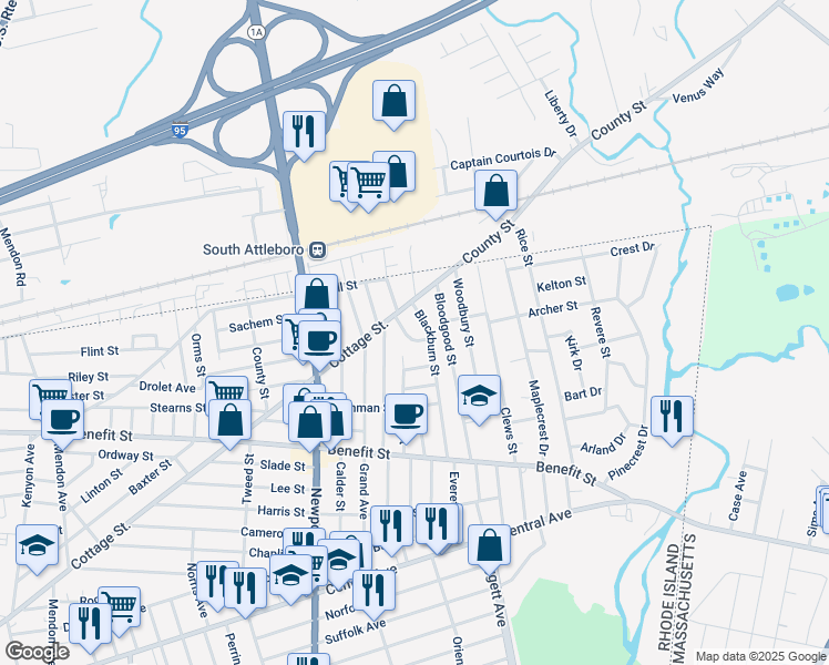 map of restaurants, bars, coffee shops, grocery stores, and more near 14 Elmcrest Drive in Pawtucket
