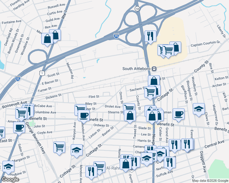 map of restaurants, bars, coffee shops, grocery stores, and more near 48 Julian Street in Pawtucket